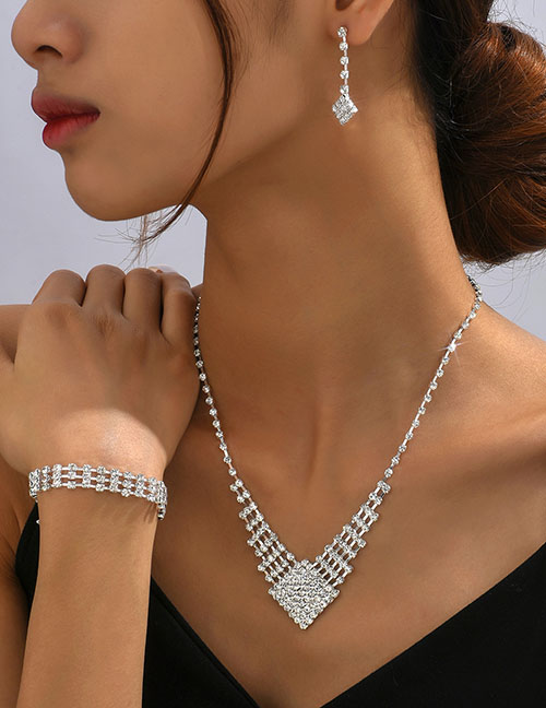 Fashion 873+777 Three-piece Set Geometric Diamond Earrings Necklace Bracelet Set