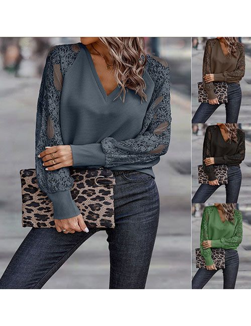 Fashion Dark Brown V-neck Long-sleeved Paneled Lace Knitted Top