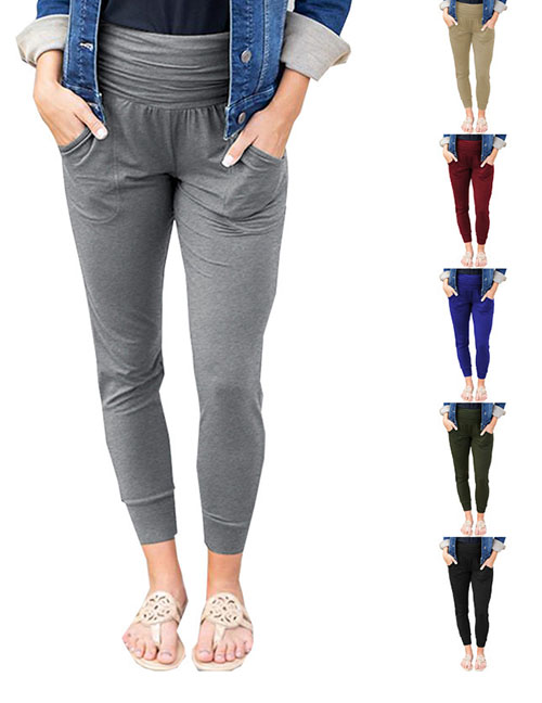 Fashion Khaki Polyester High Rise Pleated Pocket Leggings