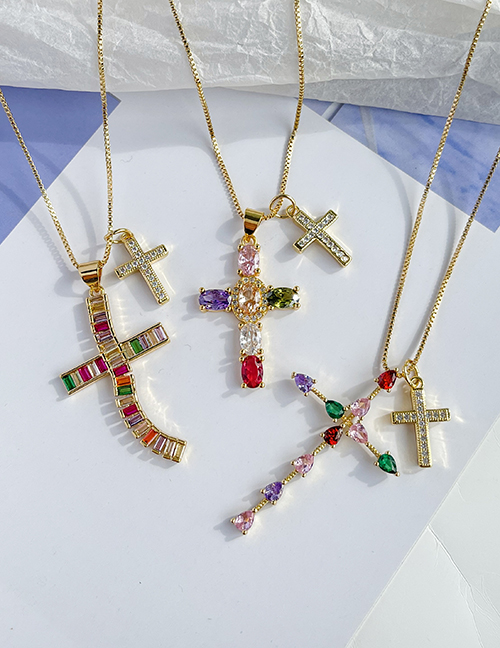 Fashion Golden 1 Copper Paved Zirconia Cross Pendant Necklace