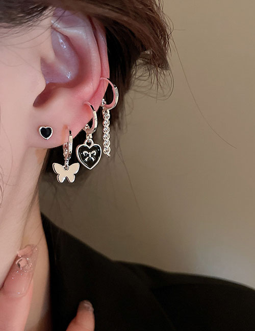 Fashion Silver (set Of 6) Metal Geometric Heart Butterfly Chain Earrings Set