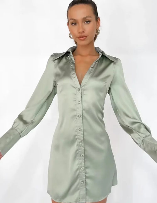 Fashion Green Satin Lapel V-neck Shirt