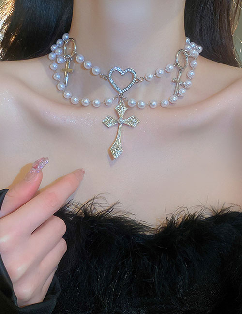 Fashion Necklace - Silver Metal Diamond Heart Cross Pearl Double Layer Necklace