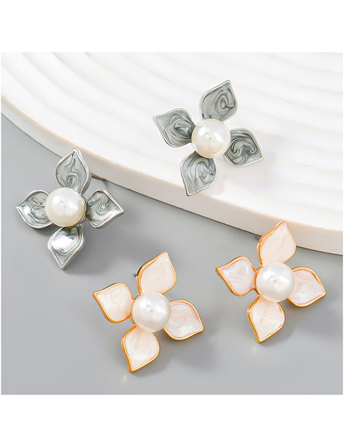 Fashion Silver Alloy Oil Drip Pearl Flower Stud Earrings
