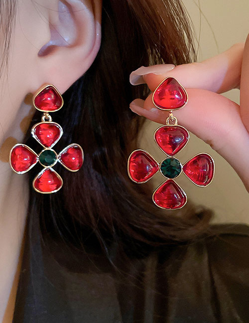 Fashion Ear Clip-pink (flower Persimmon) Alloy Diamond-studded Flower Earrings And Ear Clips