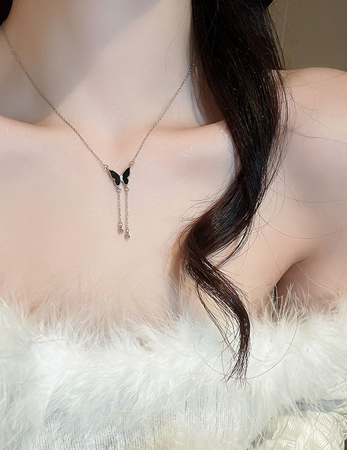 Fashion Necklace - Black Alloy Inlaid Zirconium Butterfly Y Necklace