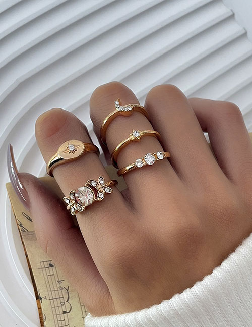 Fashion Gold Alloy Diamond Starburst Butterfly Geometric Ring Set