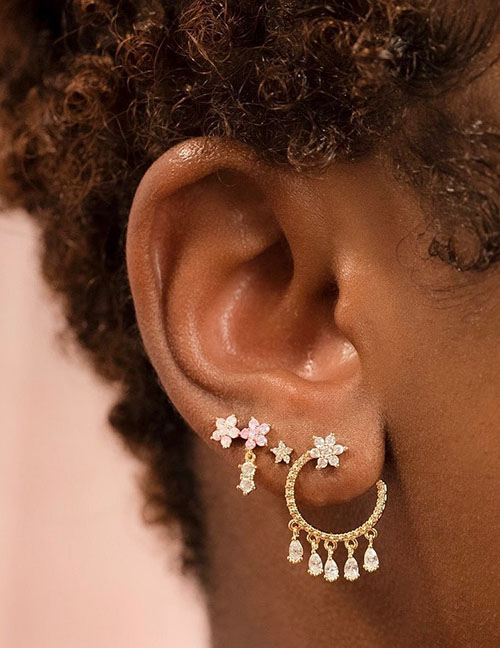 Fashion Gold Zirconia Flower Geometric Earrings Set In Copper