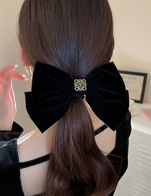 Fashion 6# Duckbill Clip - Black Fabric Carved Pattern Bow Hair Clip