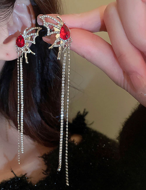 Fashion Ear Clip - Red (pair) Alloy Heart Diamond Butterfly Chain Tassel Ear Clip Earrings