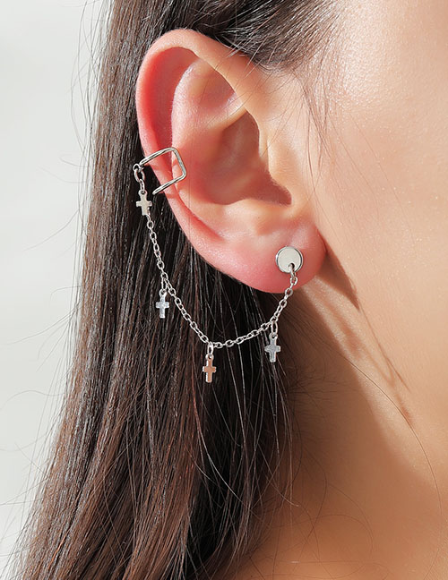 Fashion Silver Alloy Cross Tassel Ear Clip Earrings