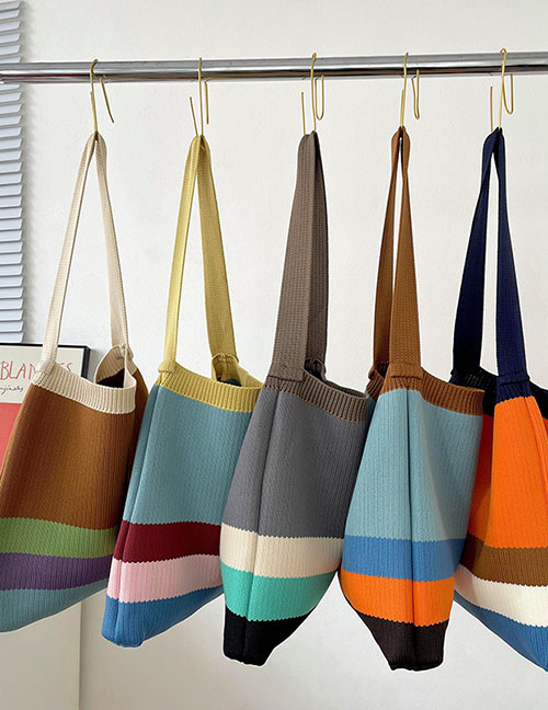 Fashion Apricot Brown Stitching Rainbow Stripe Knit Large Capacity Shoulder Bag