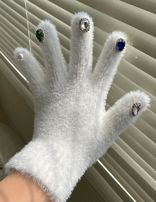 Fashion White Nylon Diamond-studded Knitted Five-finger Gloves