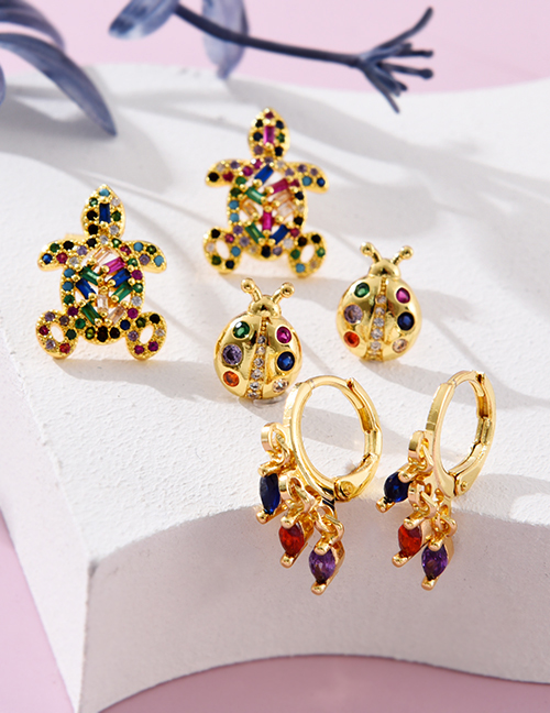 Fashion Golden 3 Zirconia Ladybug Stud Earrings In Copper