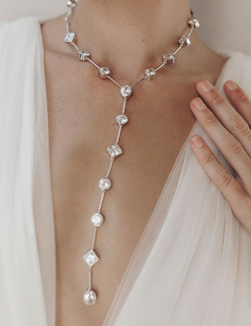 Fashion Silver Geometric Diamond Y Necklace