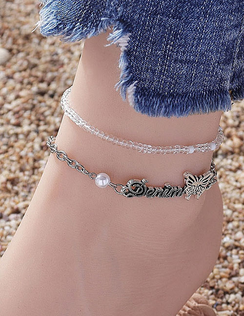 Fashion Color Alloy Rice Bead Beaded Alphabet Butterfly Anklet Set