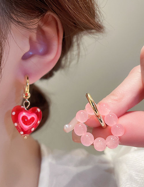 Fashion Earrings - Pink Geometric Beaded Heart Asymmetric Hoop Earrings