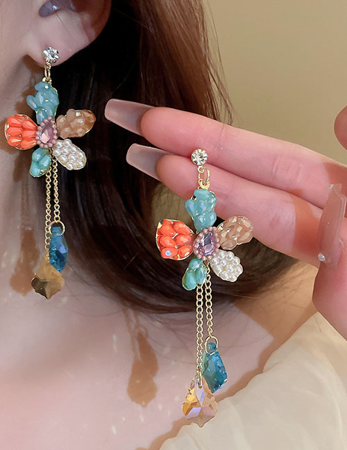 Fashion Gold Geometric Diamond And Crystal Flower Tassel Earrings