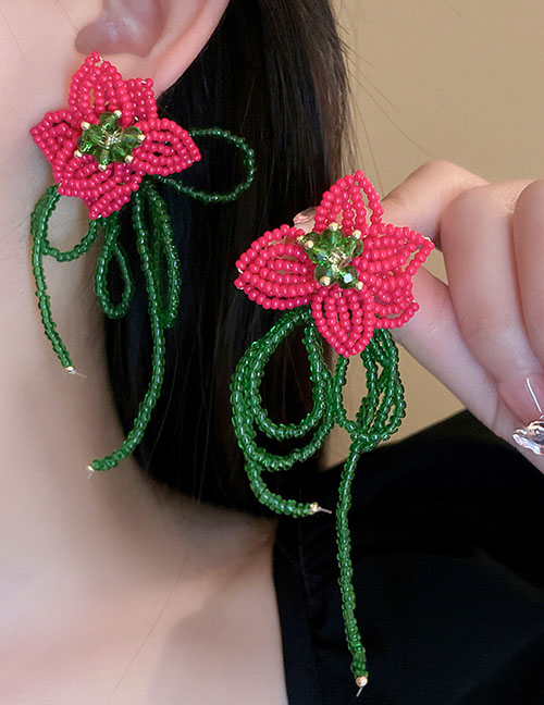 Fashion Red Crystal Beaded Flower Flowing Earrings