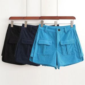 Fashion Navy Blue Corduroy Double Pocket Shorts