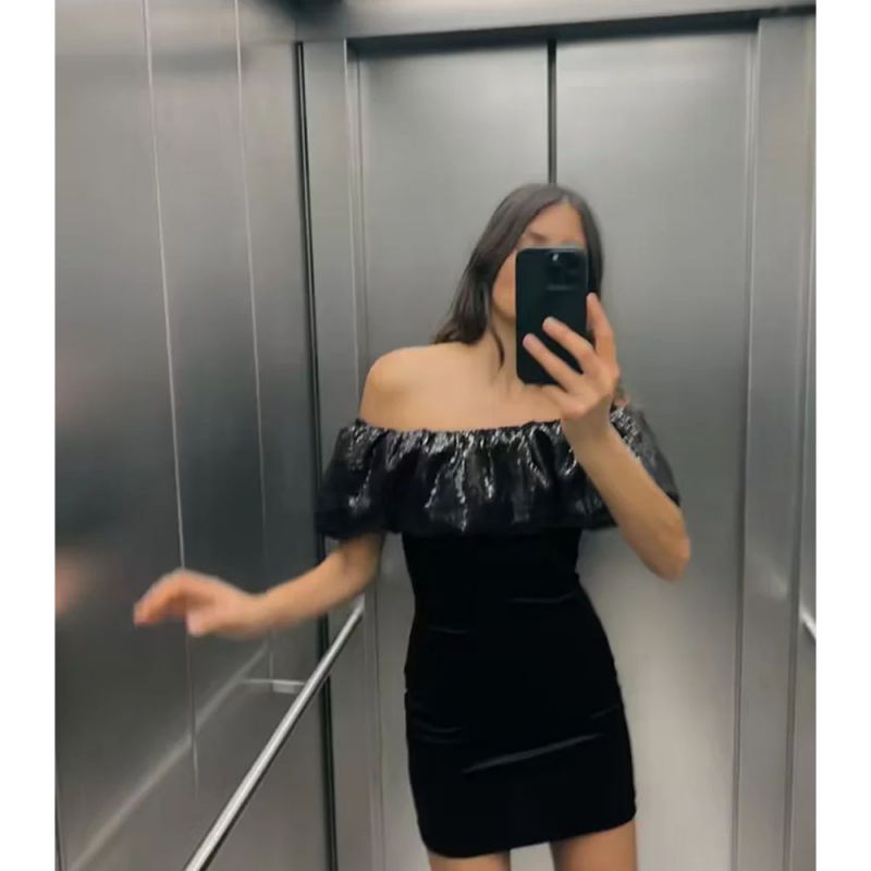 Fashion Black Sequined One-shoulder Velvet Skirt