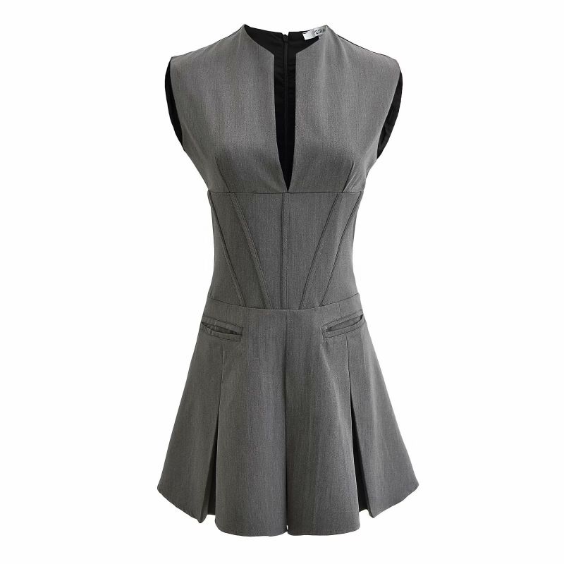 Fashion Grey Cotton Belted Pleated Skirt