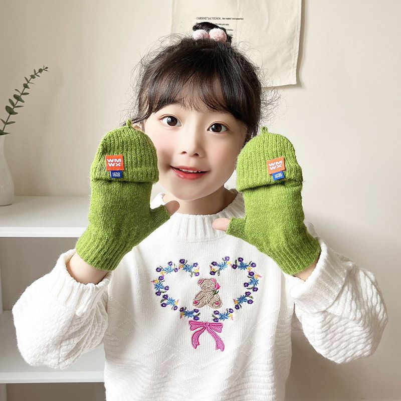 Fashion Milky White Polyester Knitted Half Finger Flip Childrens Gloves