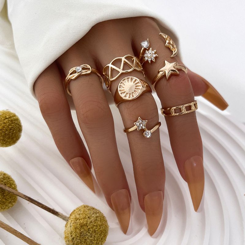 Fashion Gold Alloy Diamond Sun Moon Five-pointed Star Ring Set