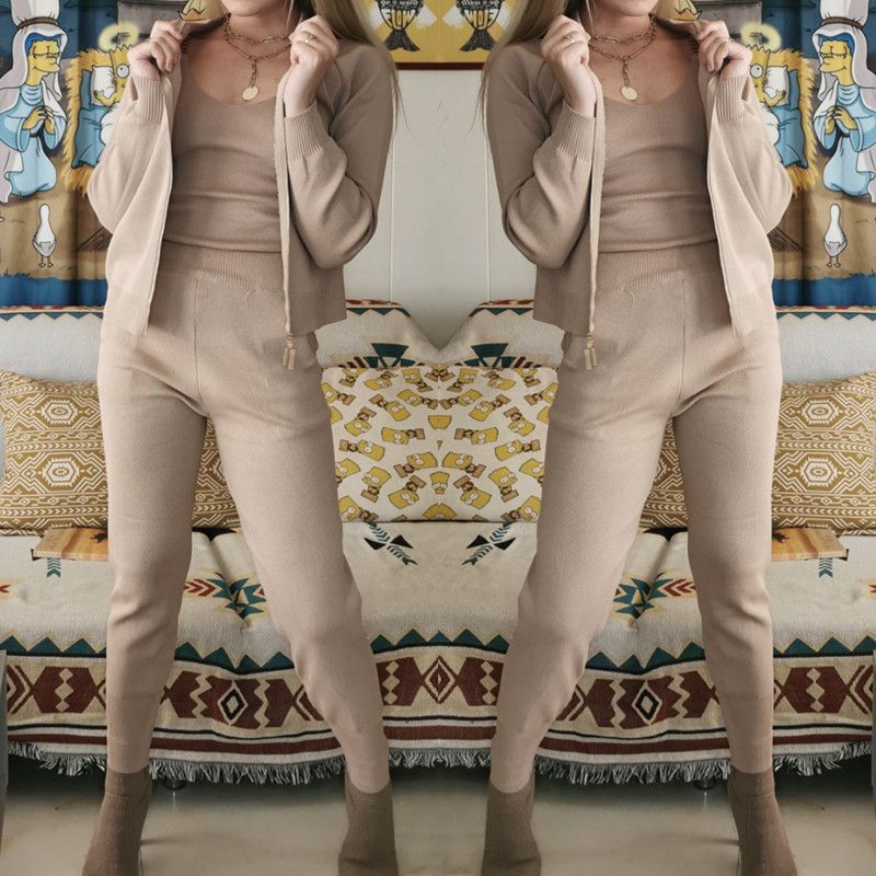 Fashion Khaki Acrylic Knit Zipper Cardigan Suspender Trouser Suit