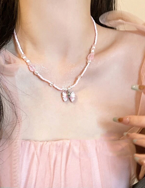 Fashion Silver-pink Crystal Beaded Bow Heart Necklace