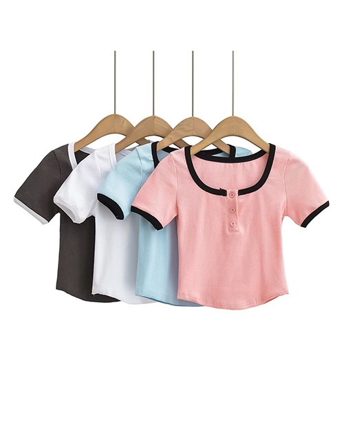 Fashion Pink Color Block Square Neck Pullover Short Sleeves
