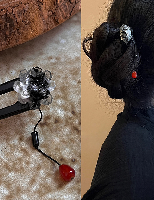 Fashion Hairpin-black Acrylic Gradient Flower Bamboo Water Drop Tassel Hairpin