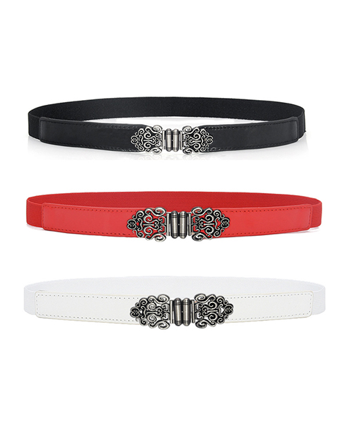 Fashion White Thin Belt With Metal Engraved Buckle