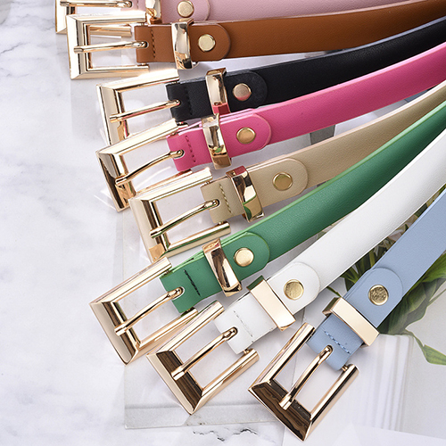 Fashion White Thin Belt With Metal Square Buckle