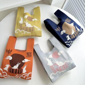 Fashion Mid Autumn Rabbit Khaki Polyester Printed Knitted Large Capacity Tote Bag