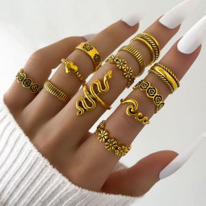 Fashion Gold Alloy Snake Flower Love Geometric Ring Set