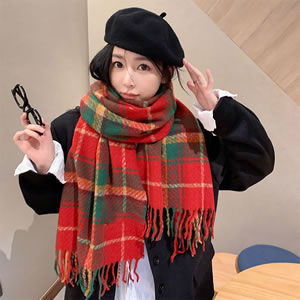 Fashion New Year Red Polyester Contrasting Plaid Patchwork Fringed Scarf