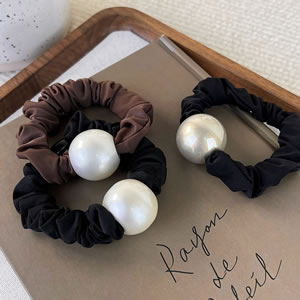 Fashion C Black Rope Champagne Beads Fabric Pearl Pleated Hair Tie