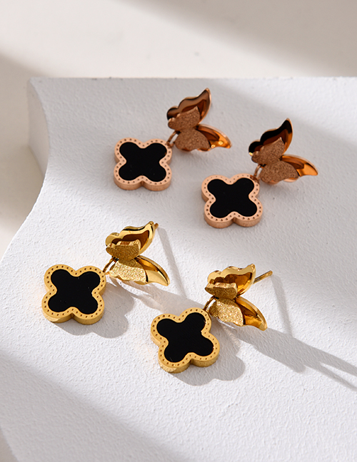 Fashion Gold+black Titanium Steel Butterfly Clover Shell Earrings Earrings