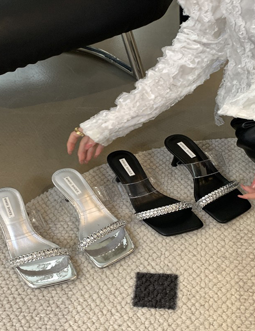 Fashion Silver Transparent Rhinestone Strappy Chunky Heel Sandals