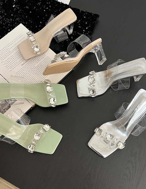 Fashion Silver Square Toe Clear Crystal Heel Sandals