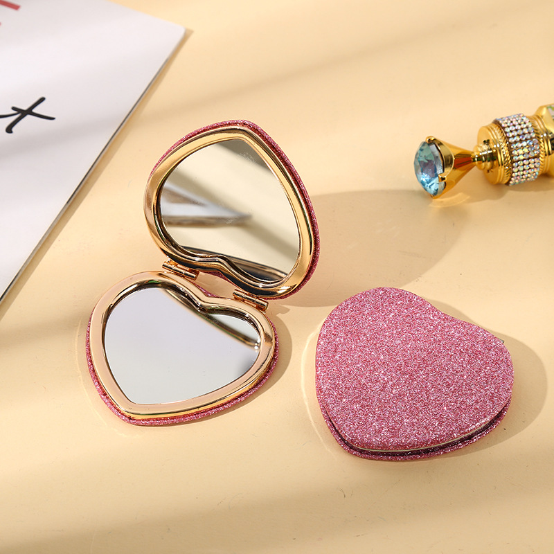 Fashion Pink Love-shaped Silver Inner Frame + Bubble Bag Glitter Love Flip Pocket Mirror