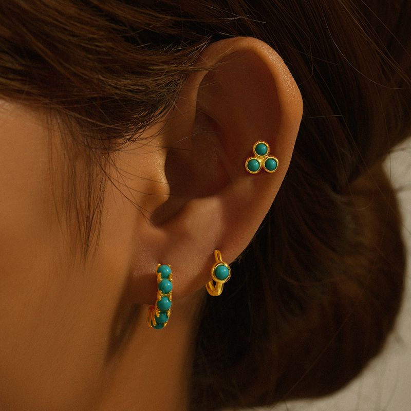 Fashion Set Of 3-gold Silver Diamond Turquoise Earring Set