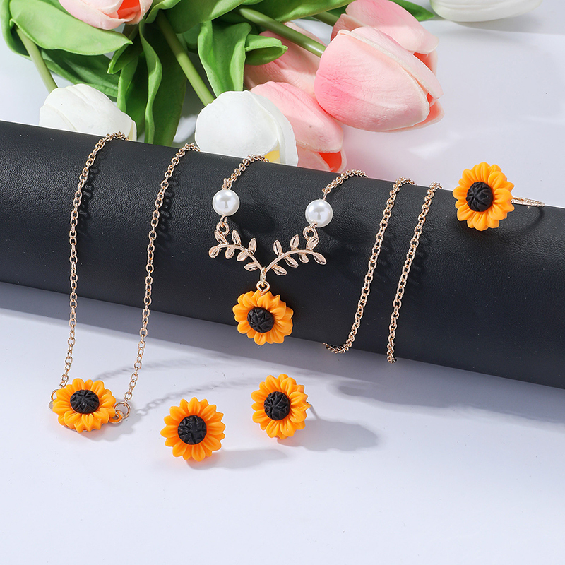 Fashion Sunflower Set (rose Gold 16g) Alloy Geometric Flower Necklace Earrings Bracelet Ring Set