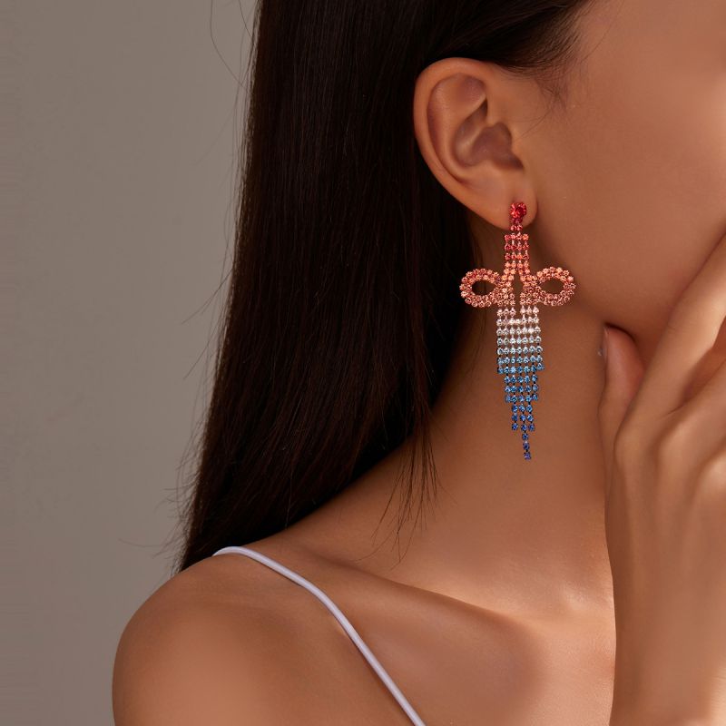 Fashion Color Geometric Diamond Claw Chain Tassel Drop Earrings