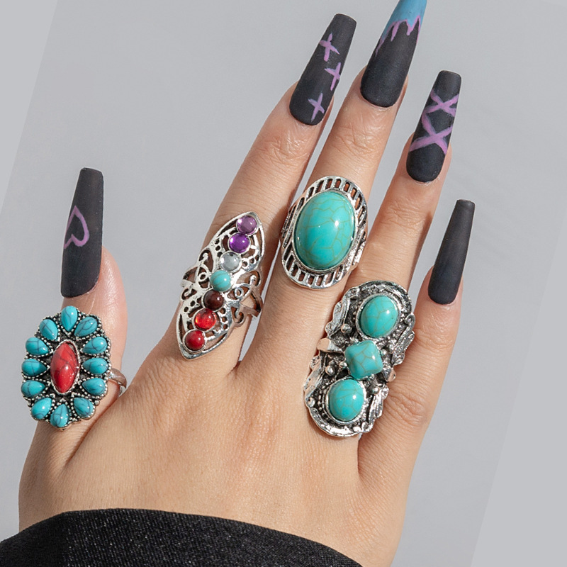 Fashion 4 Pieces Turquoise Open Ring (gold 26g) Alloy Set Turquoise Geometric Ring Set