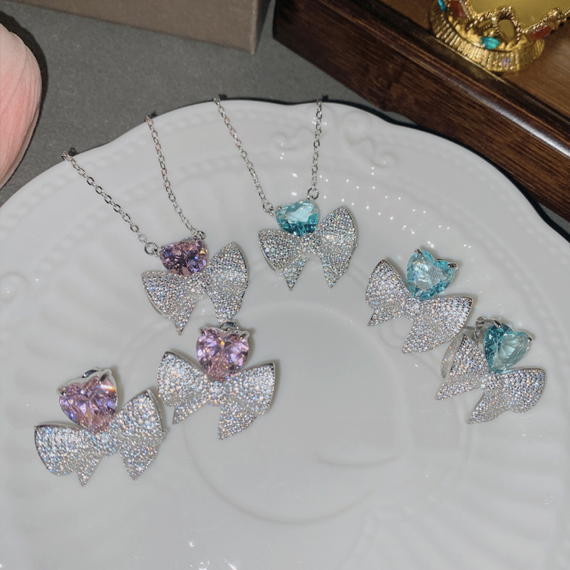 Fashion Bow Earrings?sea Blue Copper Diamond Heart Bow Earrings