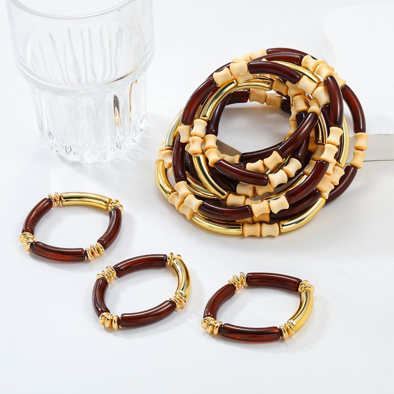 Fashion Three Piece Necklace Set Alloy Bamboo Color Block Beaded Necklace Set
