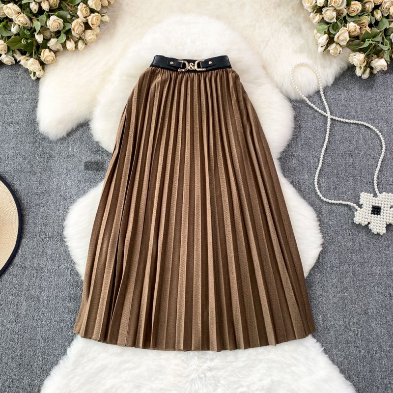 Fashion Brown Pleated High Waist Skirt 
