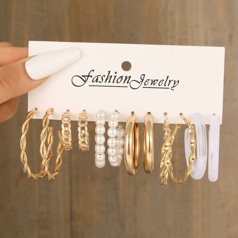 Fashion Gold Alloy Geometric Pearl Round Earrings Set 